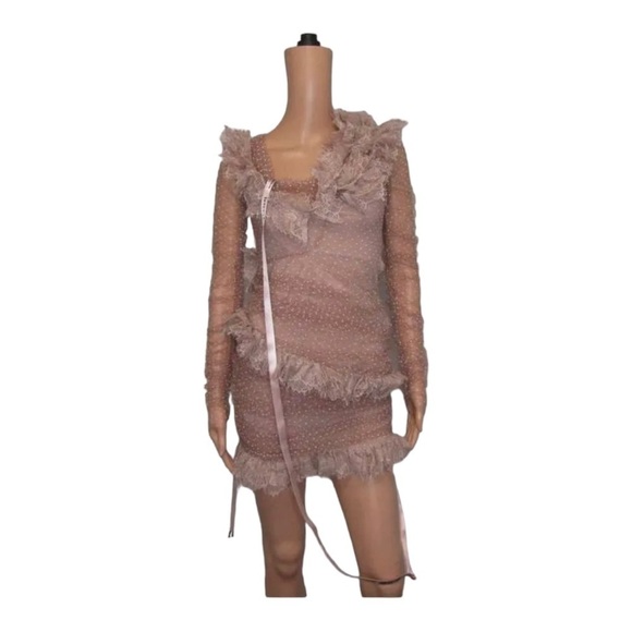 HOUSE OF CB Sorrel Blush Pink Off the Shoulder Lace Ruffle Mini Dress Large NWT - Picture 11 of 16